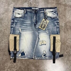 Jewel House Mens Baggy Distressed Cargo Skater Shorts Blue Denim Y2K Size 42